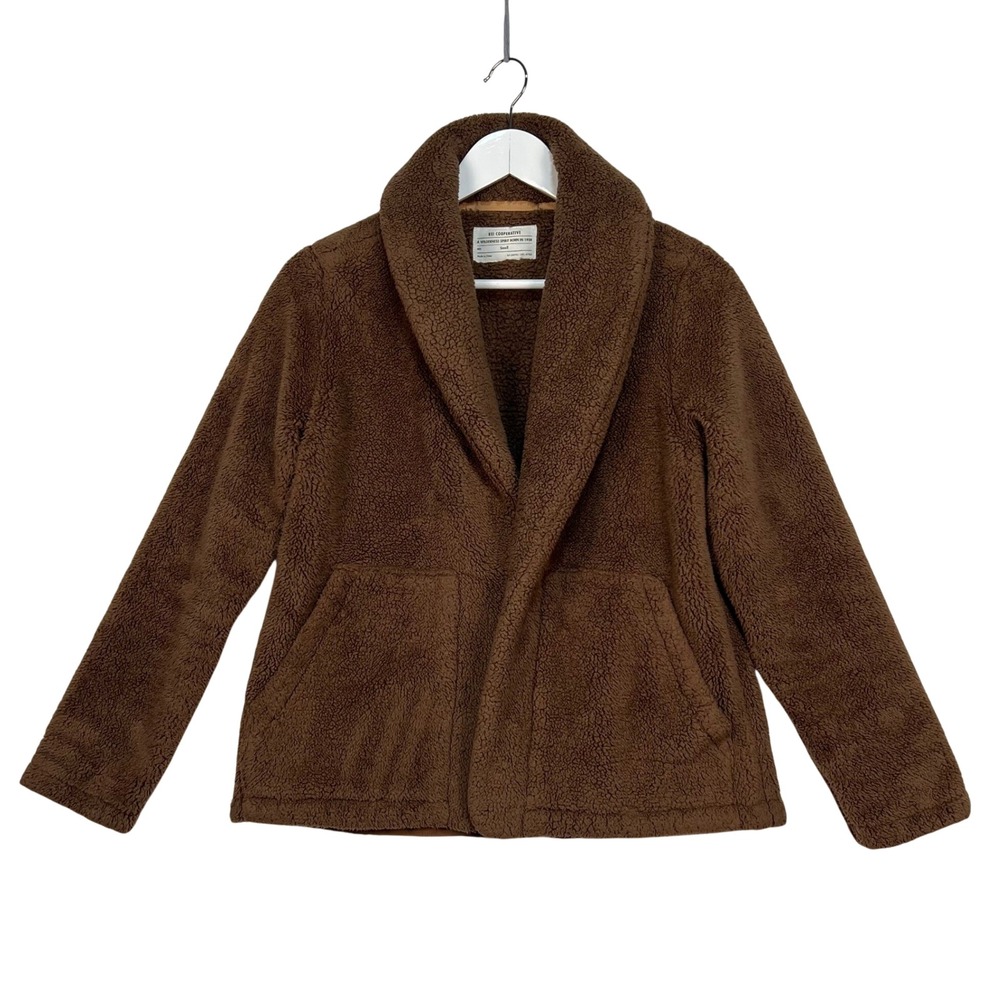 REI Cooperative Brown Sherpa Fleece Jacket Womens Small Shawl Collar Cozy Warm